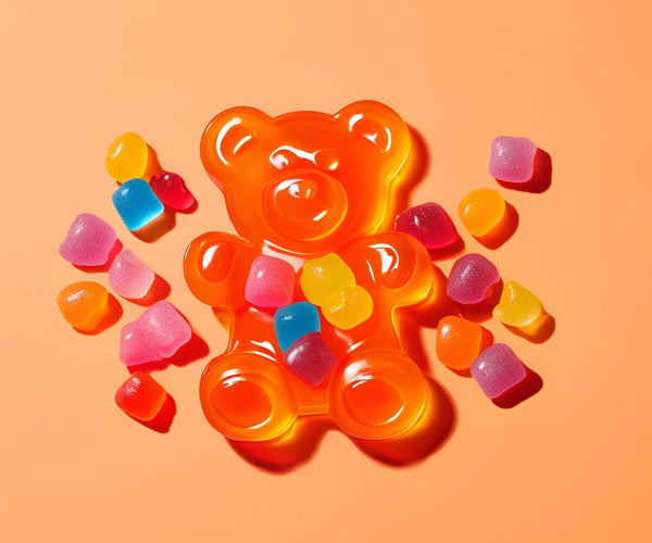 Cute cartoon CBD edible gummy bear drawing. Green candy with